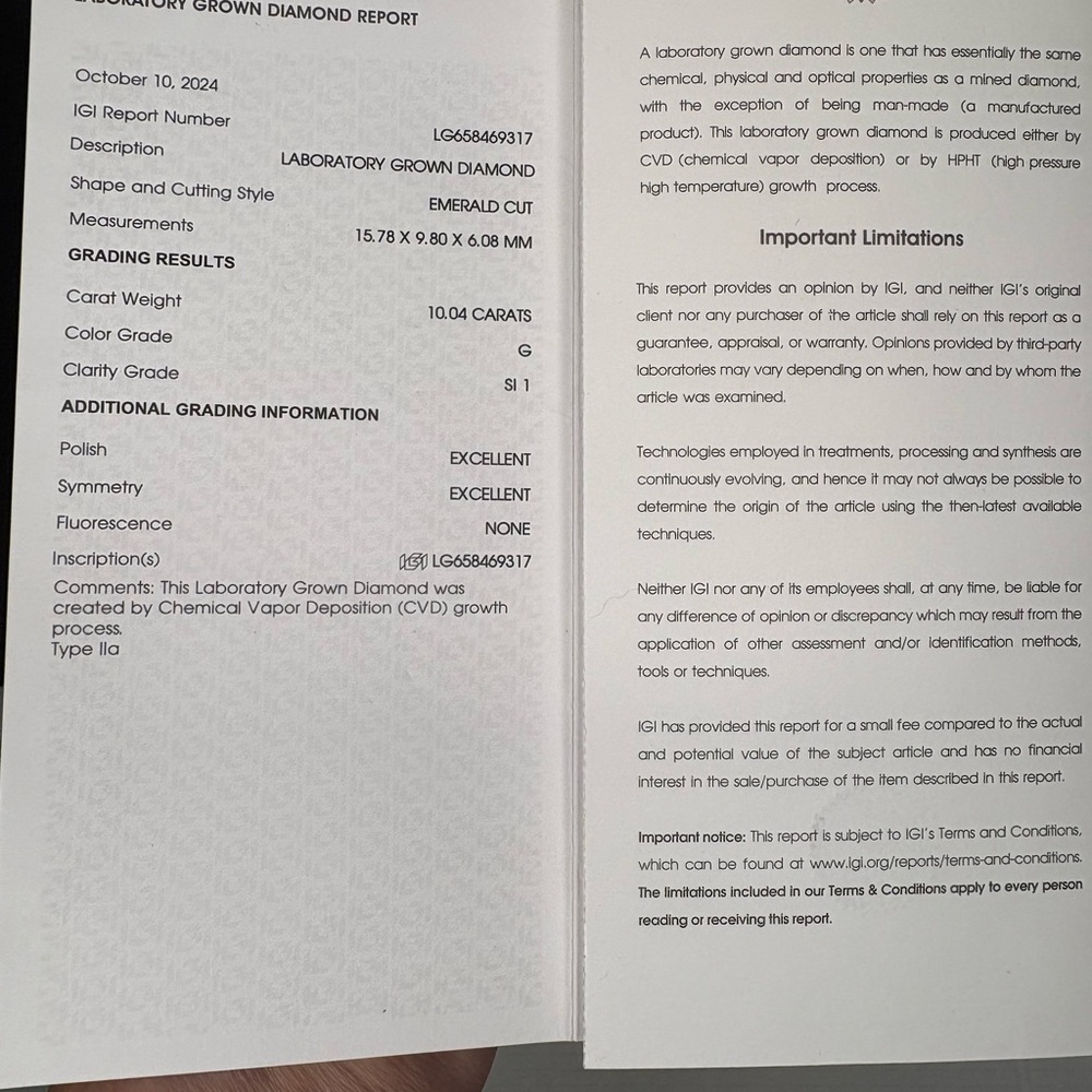 10.04ct Emerald Cut Lab Grown Diamond Ring – IGI Certified – Size 6.5 18k White - Picture 3 of 16